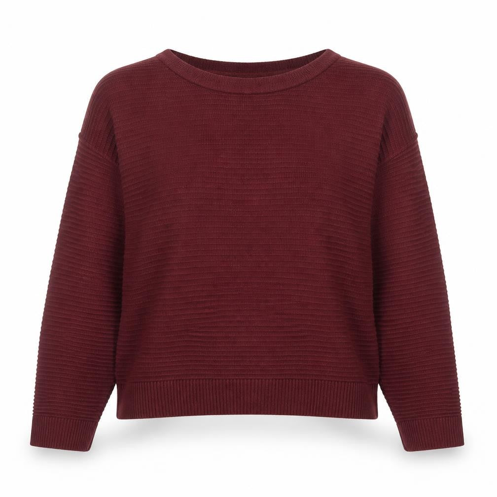 Front view of New Look women’s purple crew neck acrylic jumper, size UK 8