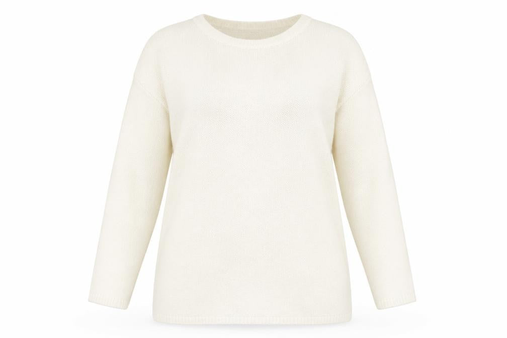Front view of H&M women’s ivory boat neck acrylic tunic jumper, size UK 14