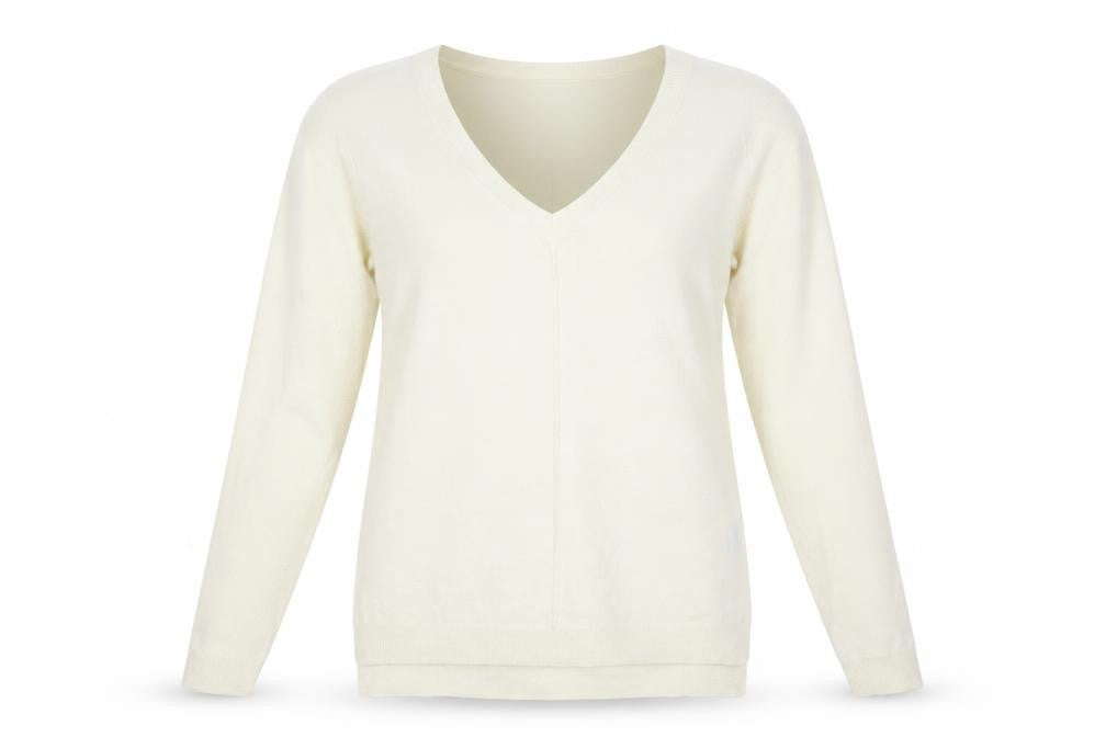 Front view of Atmosphere women’s ivory v-neck acrylic jumper, size UK 12