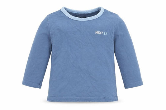 Front view of Next boys’ blue cotton basic t-shirt, size 12-18, months round neck