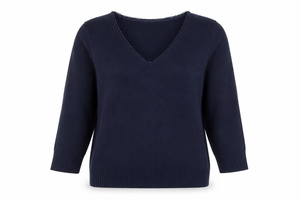 Front view of Marks & Spencer women’s blue v-neck acrylic jumper, size UK 12