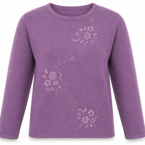 Casamia Womens Purple Round Neck Floral Acrylic Pullover Jumper Size S - S/M
