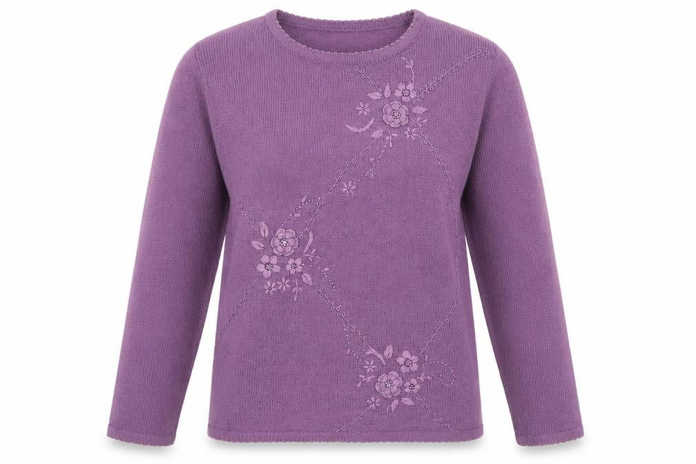 Casamia Womens Purple Round Neck Floral Acrylic Pullover Jumper Size S - S/M