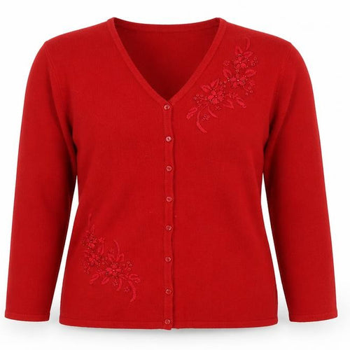 Casamia Womens Red V-Neck Floral Acrylic Cardigan Jumper Size M - M/L