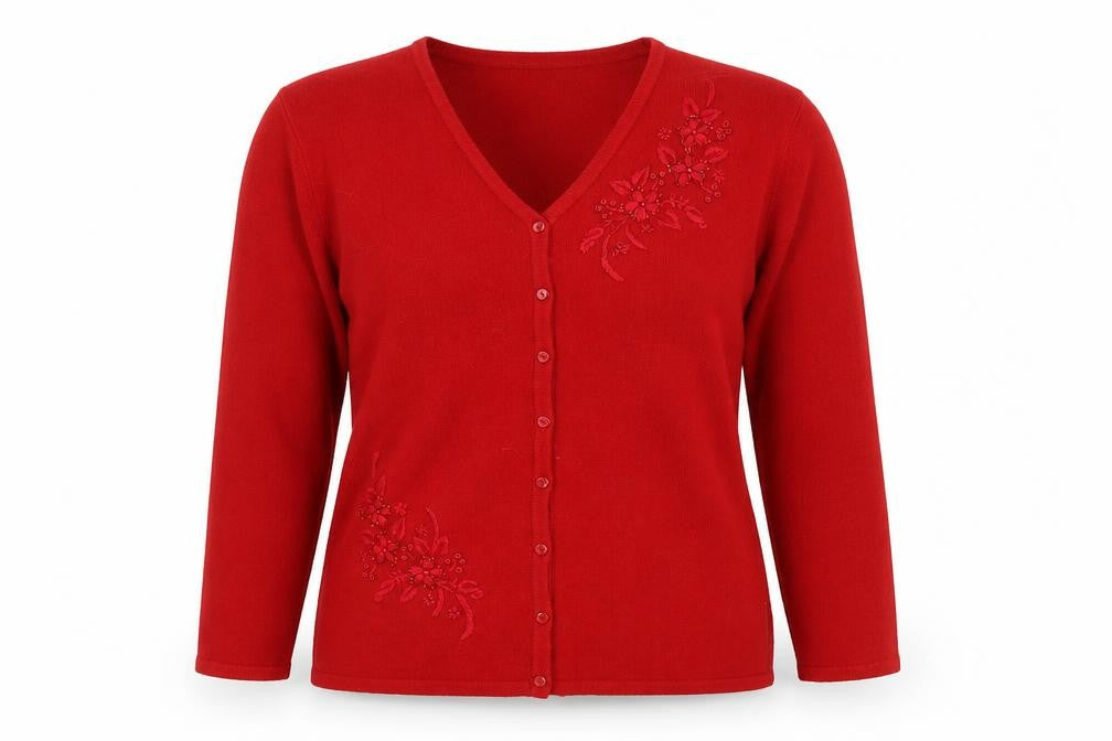 Casamia Womens Red V-Neck Floral Acrylic Cardigan Jumper Size M - M/L