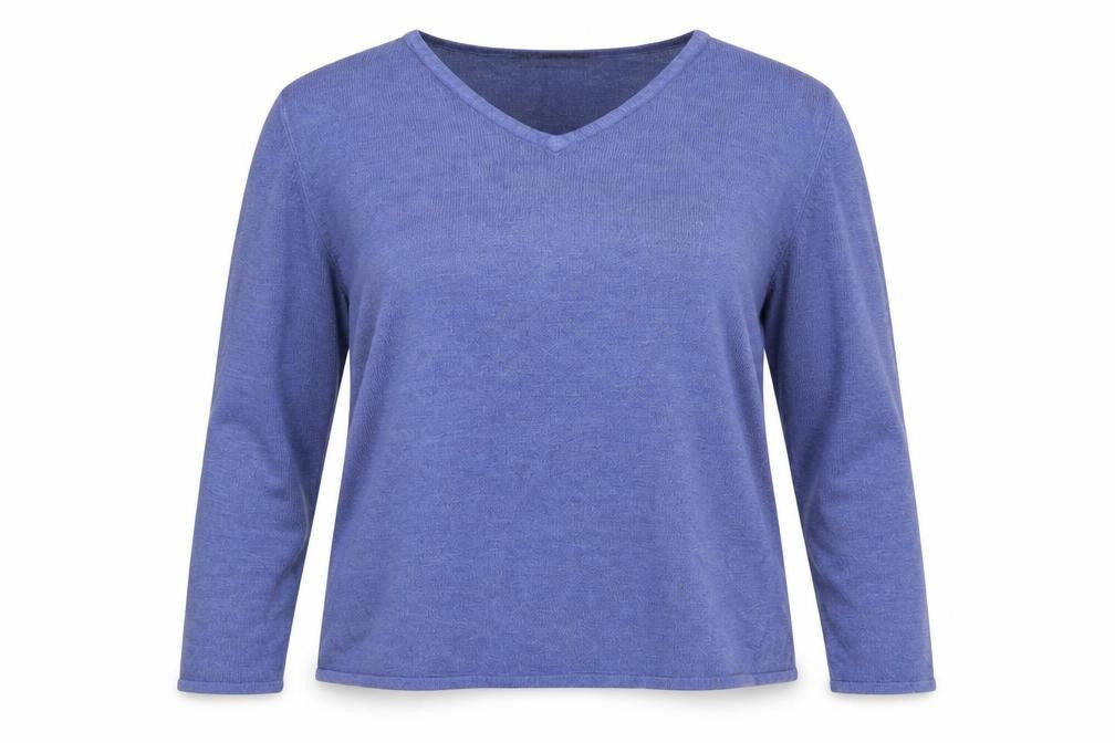 Front view of Bonmarché women’s blue v-neck acrylic jumper, size M