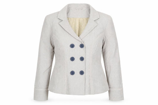Front view of Papaya women’s beige striped cotton jacket suit jacket, size UK 14