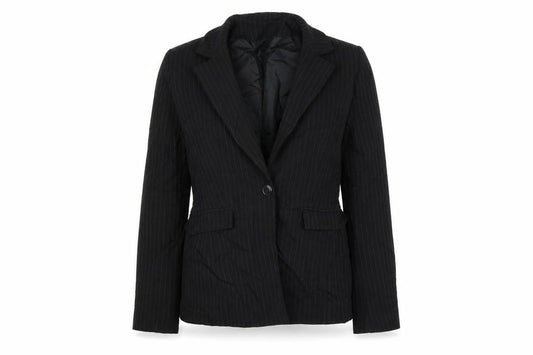 Front view of NL Collection women’s black striped jacket blazer, size UK 10
