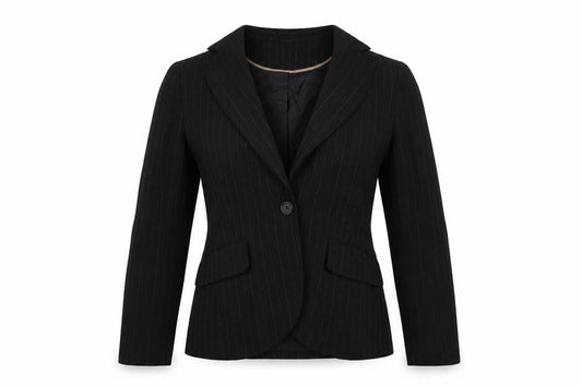 Front view of Atmosphere women’s black striped jacket blazer, size UK 12
