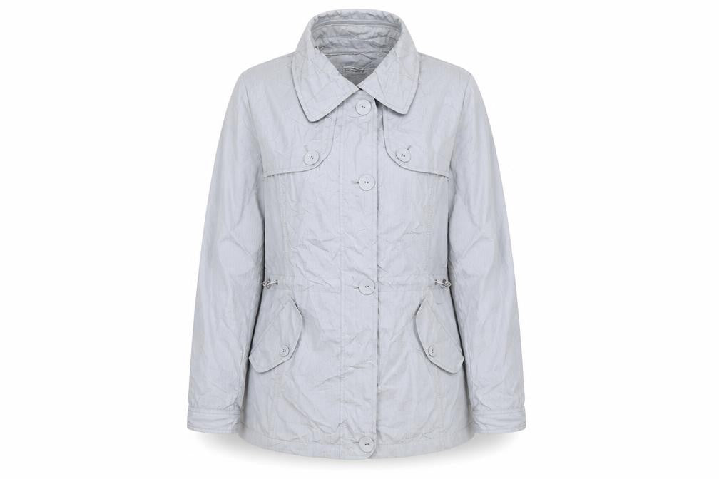 Front view of Per Una women’s grey rain coat coat, size UK 12