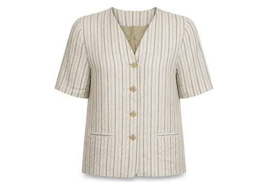 Front view of Bonmarché women’s beige striped jacket blazer, size UK 12