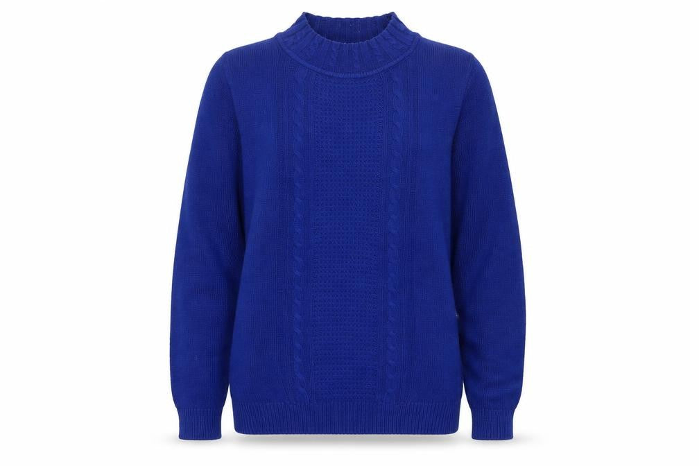 Front view of EWM women’s blue high neck acrylic jumper, size UK 10