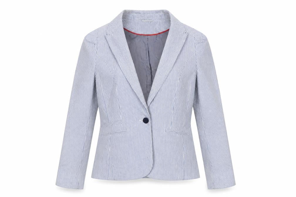Front view of H&M women’s blue striped polyester jacket suit jacket, size UK 10