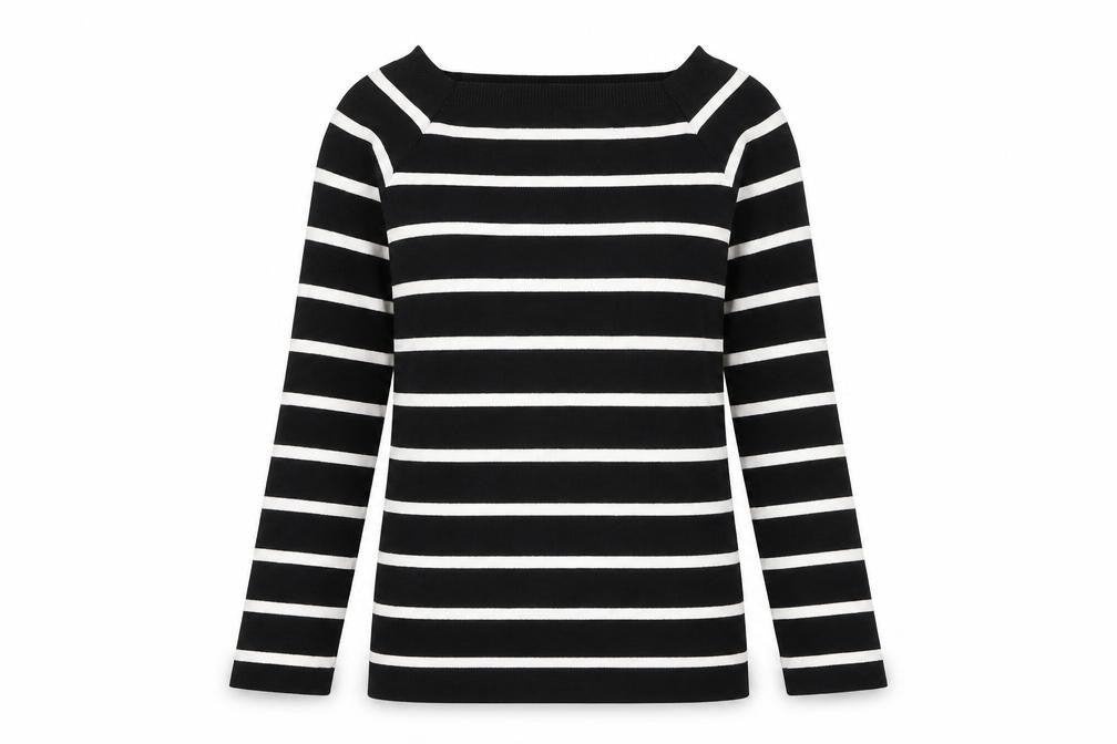 Front view of New Look women’s black square neck striped viscose jumper, size UK 10