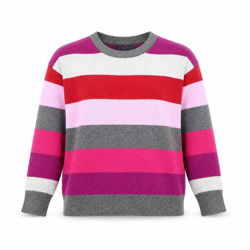 Front view of Gap girls’ purple round neck striped cotton jumper, size S, pullover