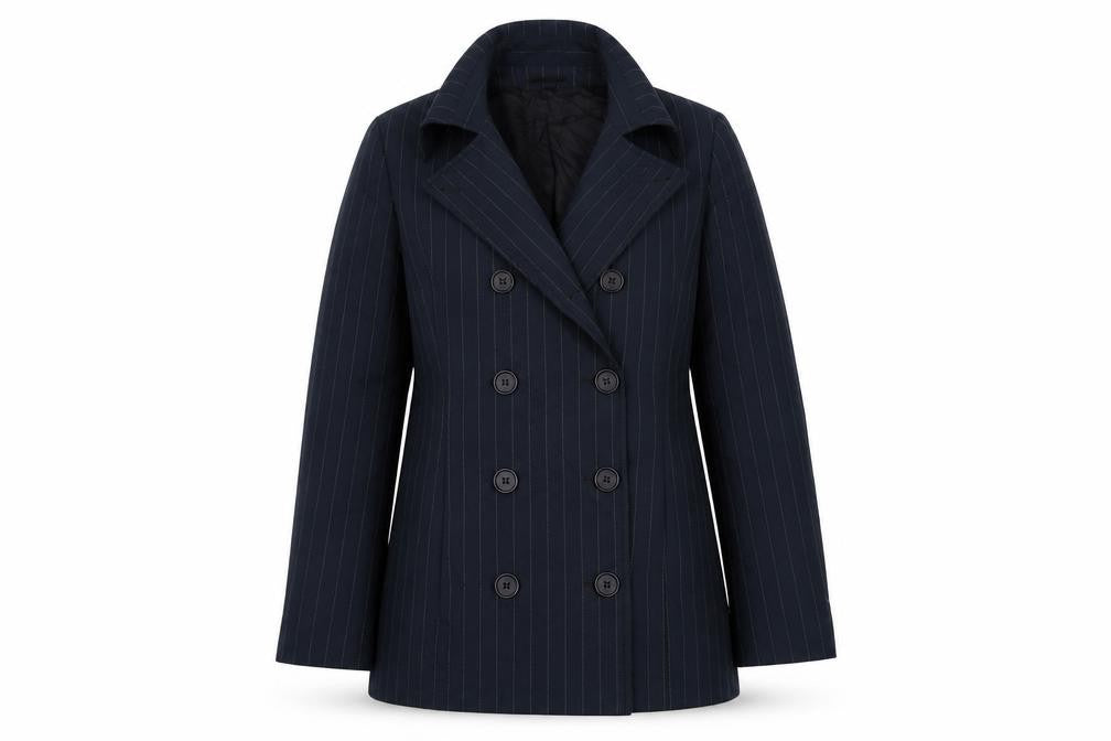Front view of Kookai women’s blue striped overcoat coat, size UK 12, button