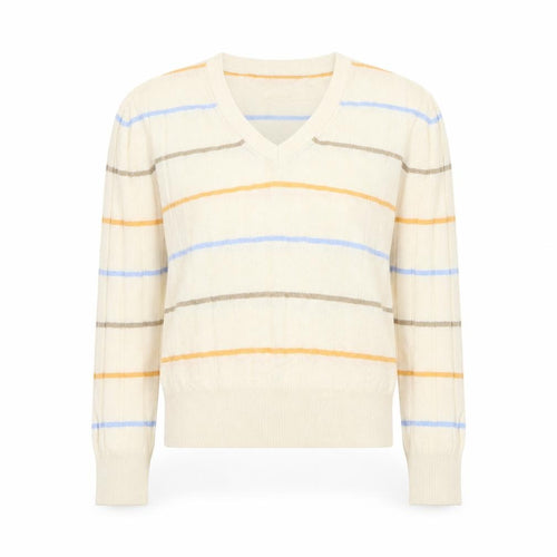 Marks and Spencer Womens Beige V-Neck Striped Viscose Pullover Jumper Size S