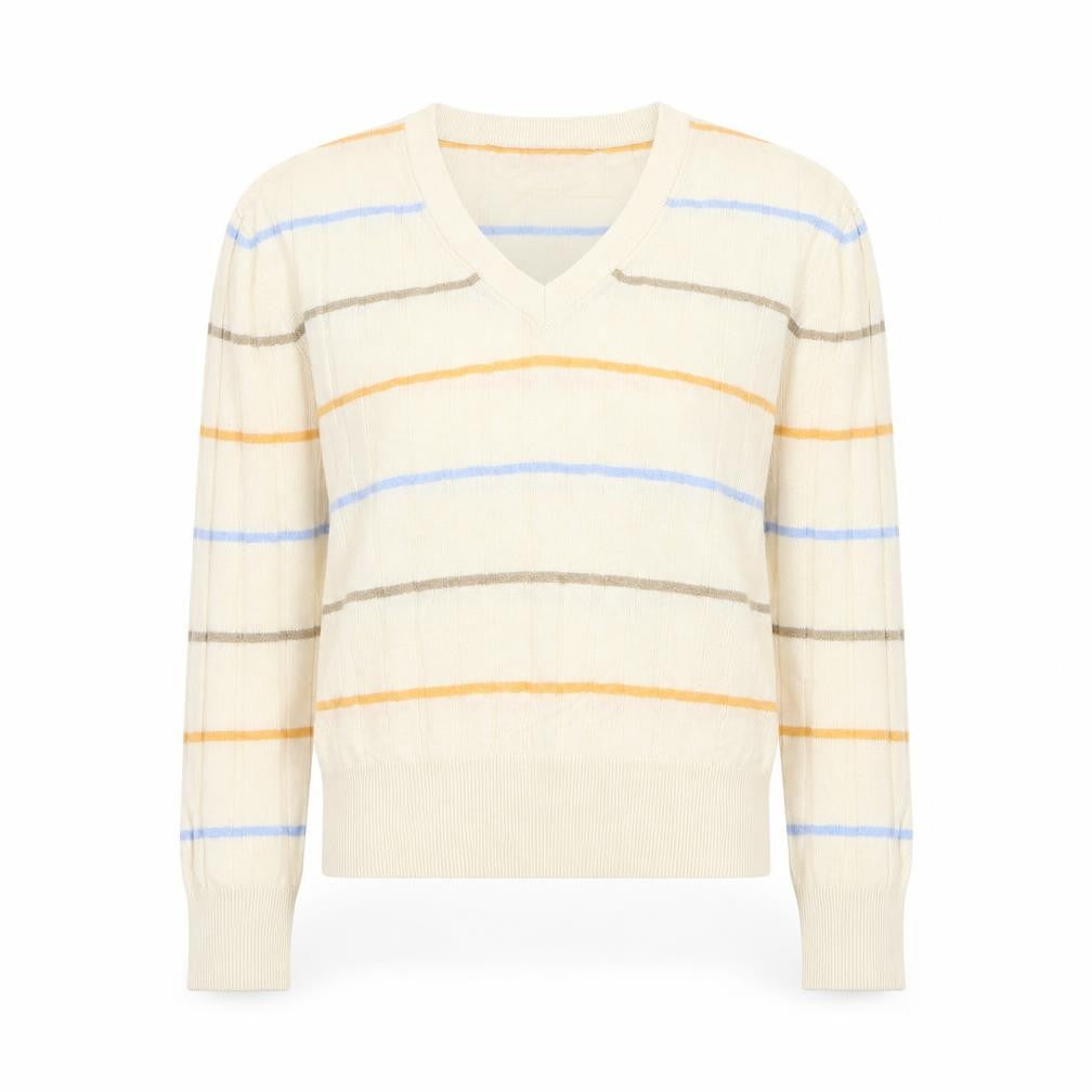 Marks and Spencer Womens Beige V-Neck Striped Viscose Pullover Jumper Size S