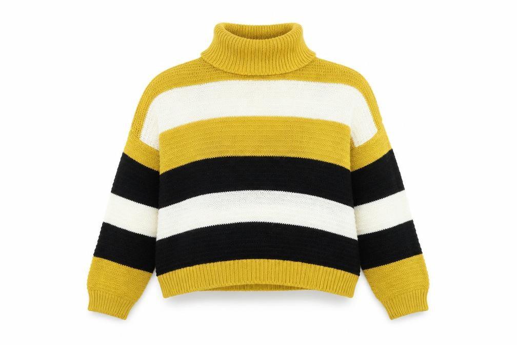 Front view of Quiz women’s yellow roll neck striped acrylic jumper, size S