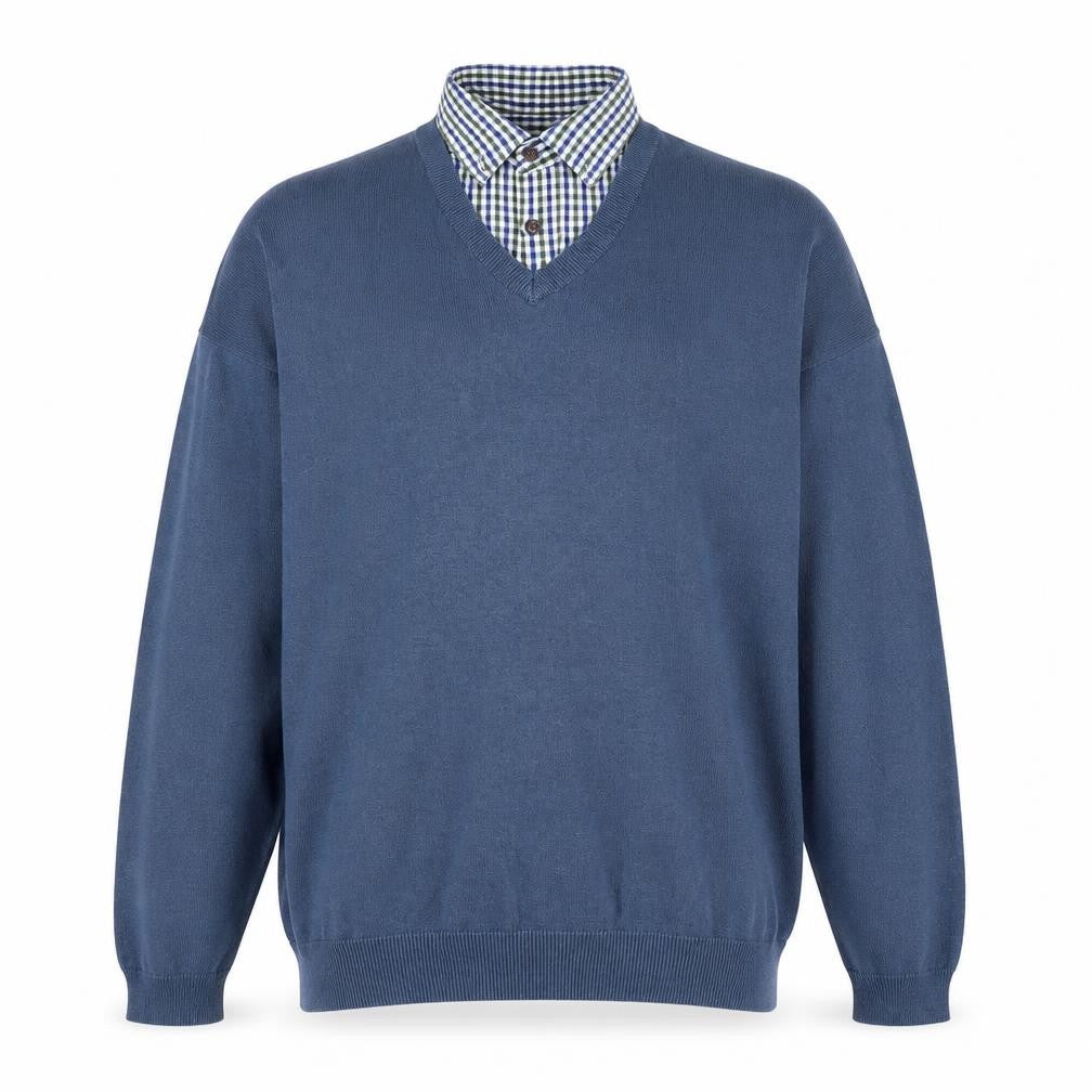 Front view of Sand Stone men’s blue collared cotton jumper, size M