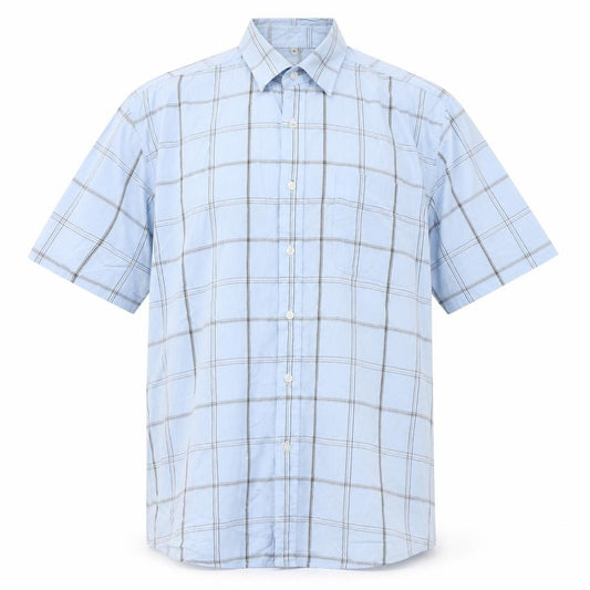 Front view of Paul Berman men’s blue check polyester polo, size M, collared button