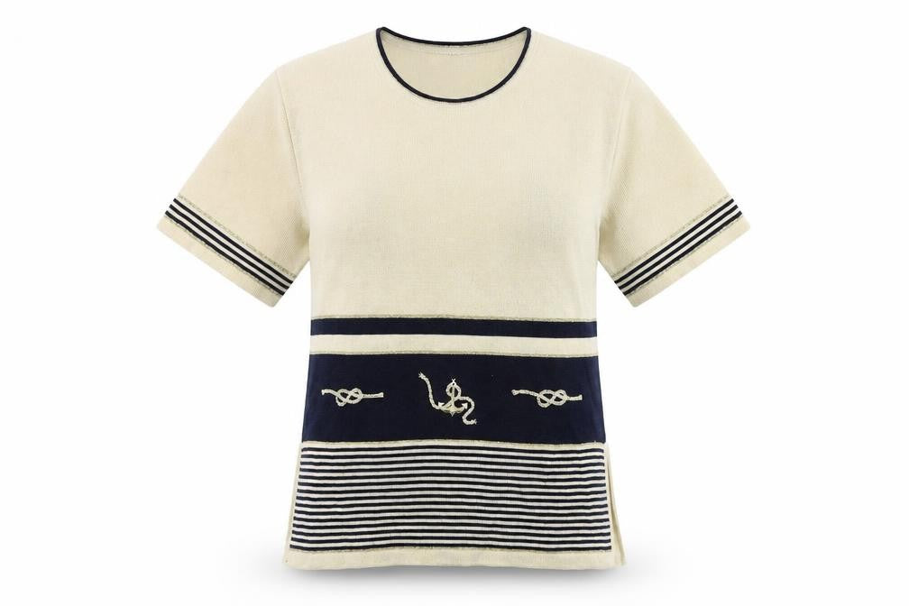 Front view of Stephen women’s beige striped viscose basic t-shirt, size S, round neck