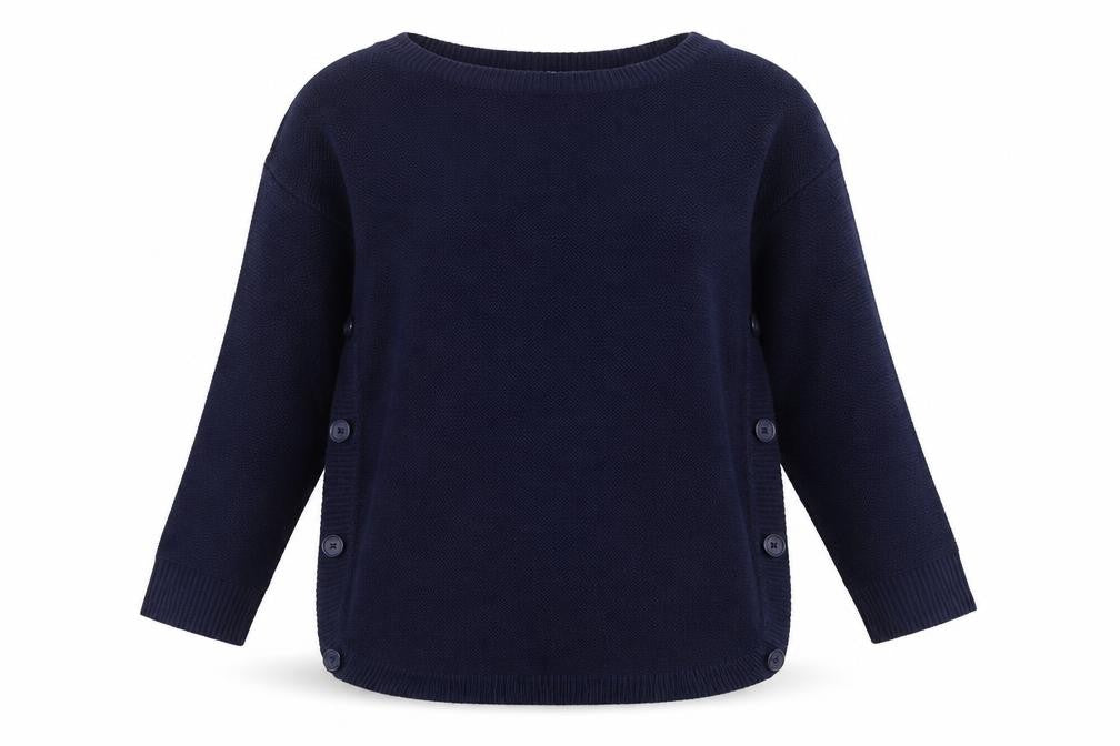 Front view of Capsule women’s blue round neck acrylic jumper, size UK 12