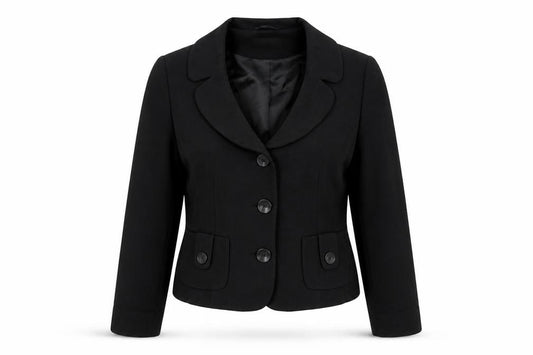 Front view of Laura Brook women’s black jacket blazer, size M, button