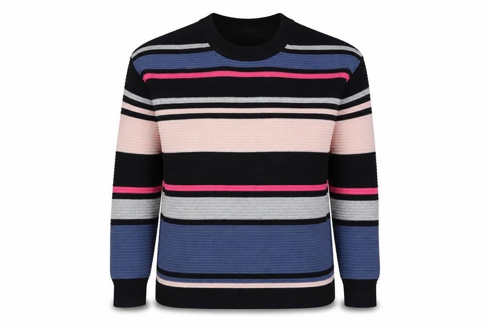 Front view of H&M women’s multicoloured round neck striped viscose jumper, size XS