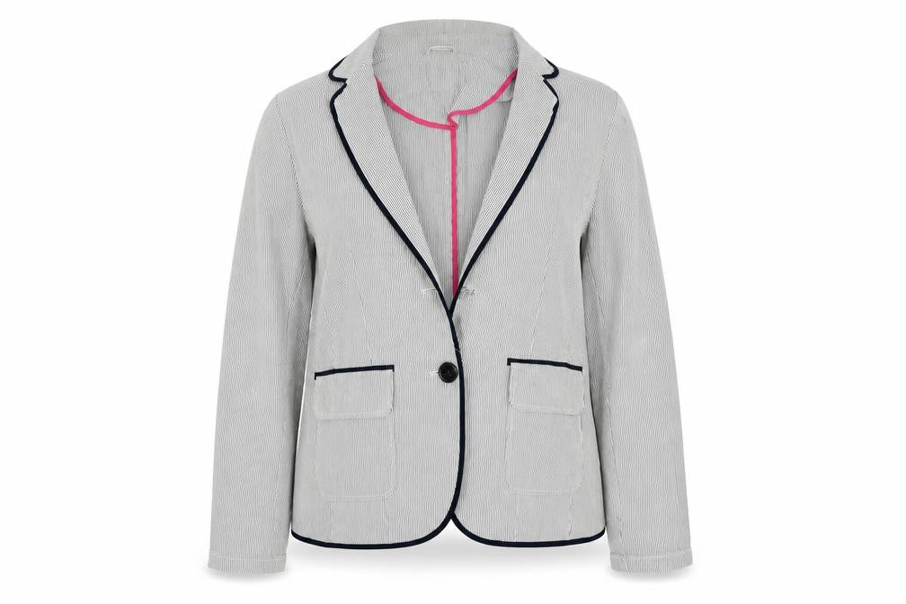 Front view of George women’s blue striped jacket, size UK 18