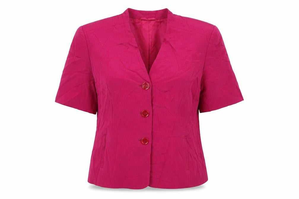 Front view of Country Casuals women’s pink silk basic button-up, size UK 8, round neck