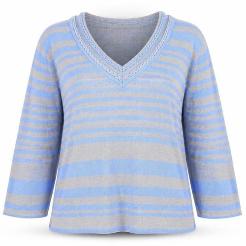 bonmarch Womens Blue V-Neck Striped Acrylic Pullover Jumper Size L