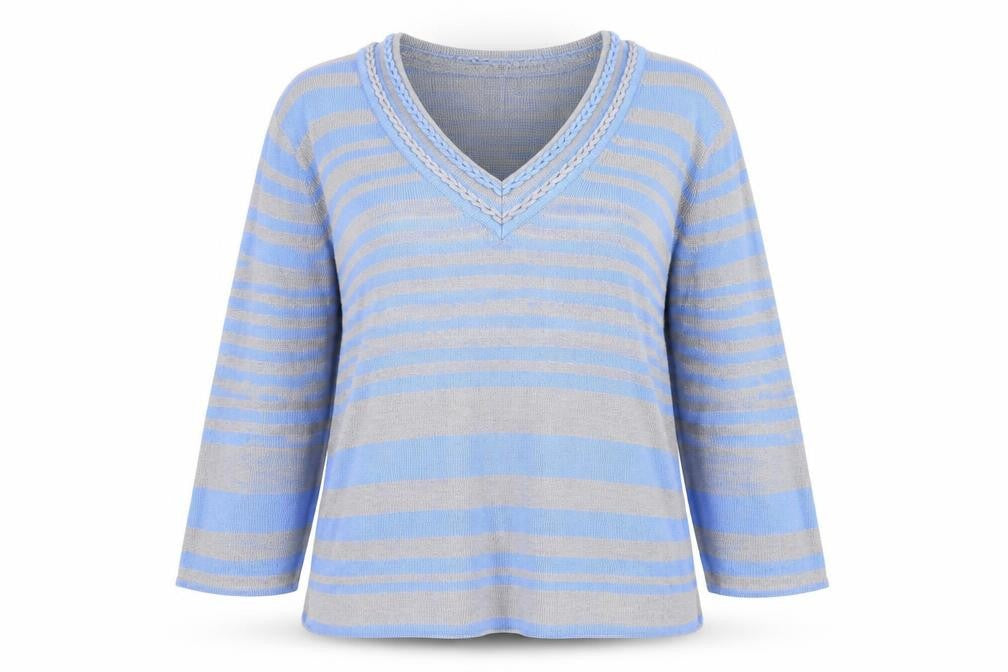 bonmarch Womens Blue V-Neck Striped Acrylic Pullover Jumper Size L