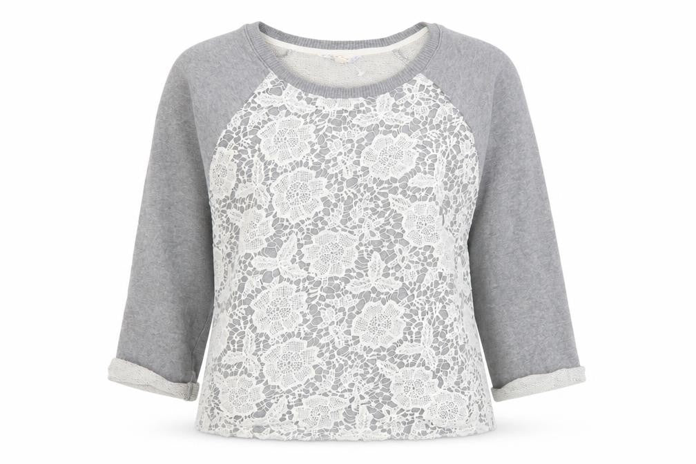 Front view of Falmer Heritage women’s grey floral cotton pullover sweatshirt, size UK 14, pullover