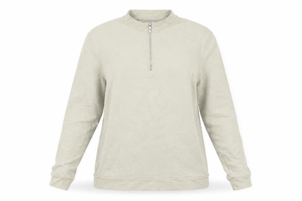 Front view of ASOS women’s beige cotton pullover sweatshirt, size M, zip