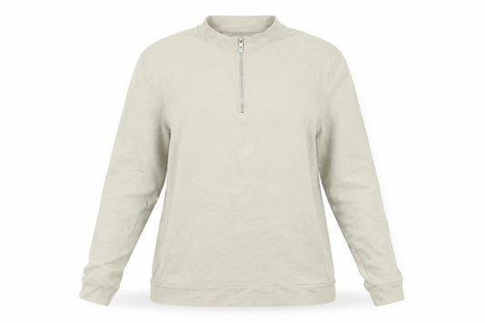 Front view of ASOS women’s beige cotton pullover sweatshirt, size M, zip