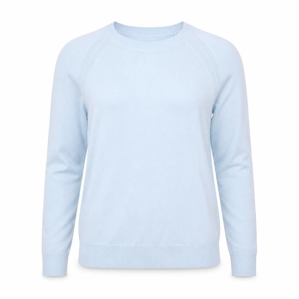 Front view of Marks & Spencer women’s blue round neck acrylic jumper, size UK 8