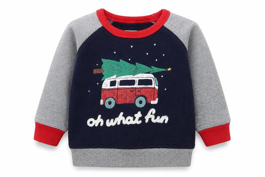 Front view of Gap boys’ blue cotton jumper, size 12-18, months - oh what fun