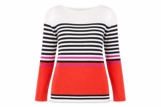 Front view of M&Co women’s multicoloured round neck striped viscose jumper, size UK 8