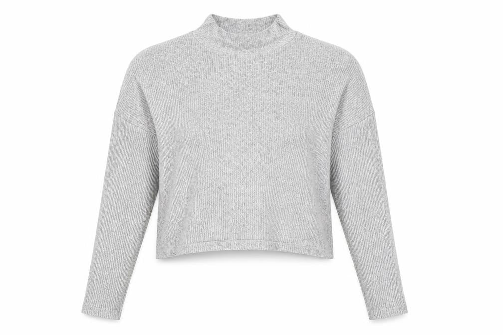 Front view of Topshop women’s grey mock neck viscose jumper, size UK 12