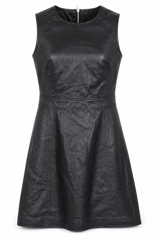 Front view of Warehouse women’s black polyester a-line, size UK 10, scoop neck
