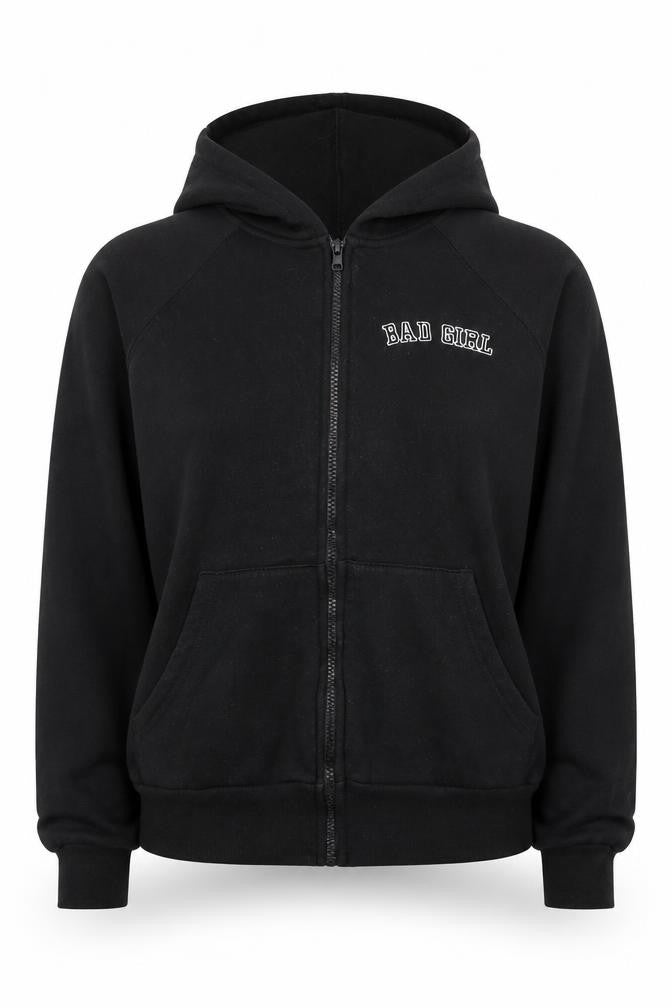 Front view of Select women’s black cotton full zip hoodie, size UK 12
