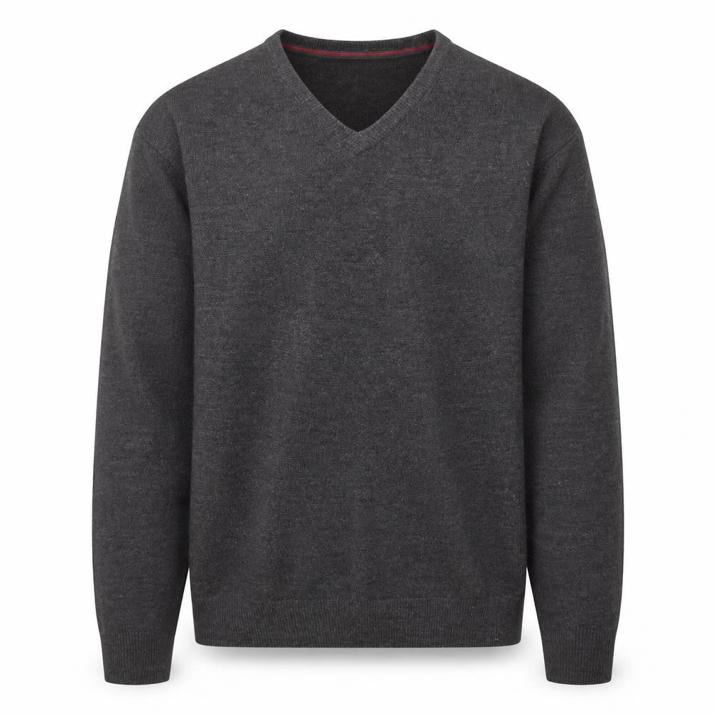 Front view of Easy Essential men’s grey v-neck acrylic jumper, size XL