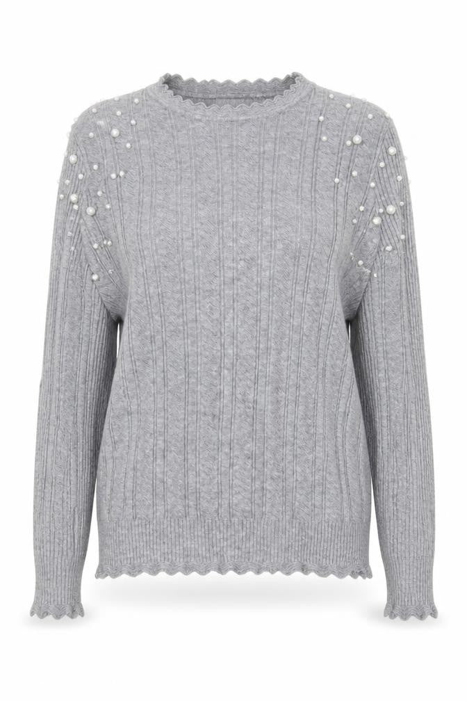 Front view of V. Mod women’s grey round neck cotton jumper, size UK 10