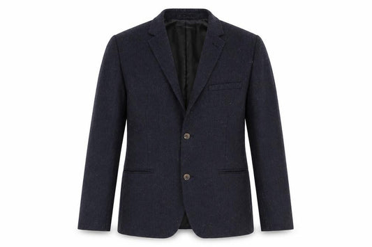 Front view of H&M men’s blue polyester jacket suit jacket, size 44