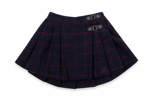 Front view of Preworn girls’ blue check polyester pleated skirt, size 18-24, months