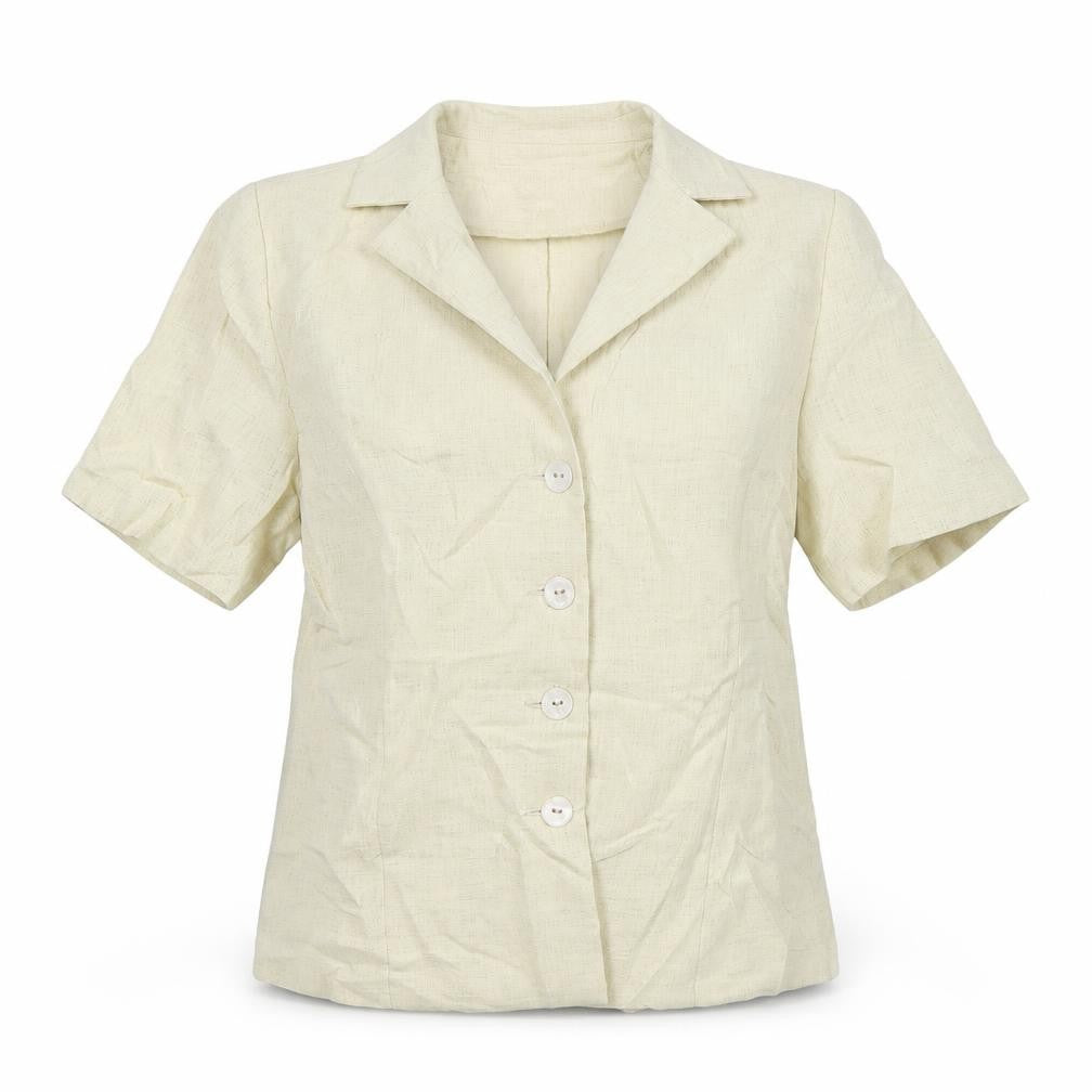 Godshe Womens Beige Geometric Jacket Blazer Size 12 - Short Sleeve
