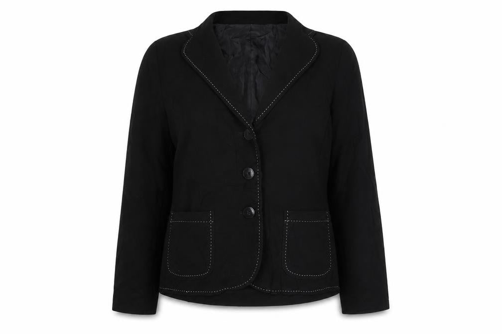 Front view of EWM women’s black striped jacket blazer, size UK 14