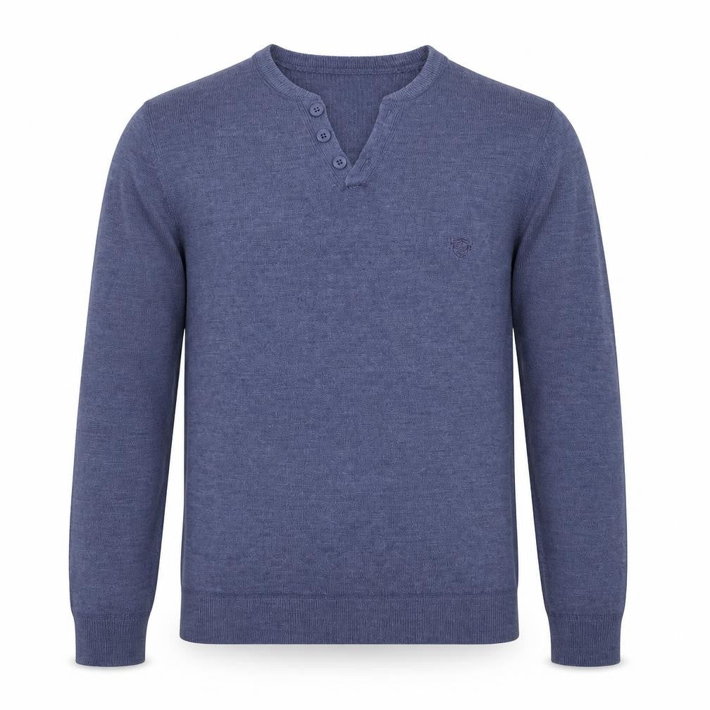 Front view of Red Herring men’s blue v-neck acrylic jumper, size S