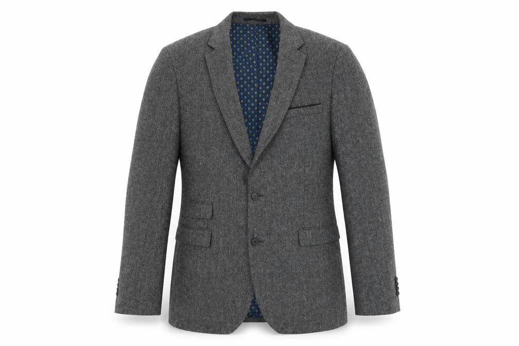 Front view of F&F men’s grey polyester jacket suit jacket, size 42